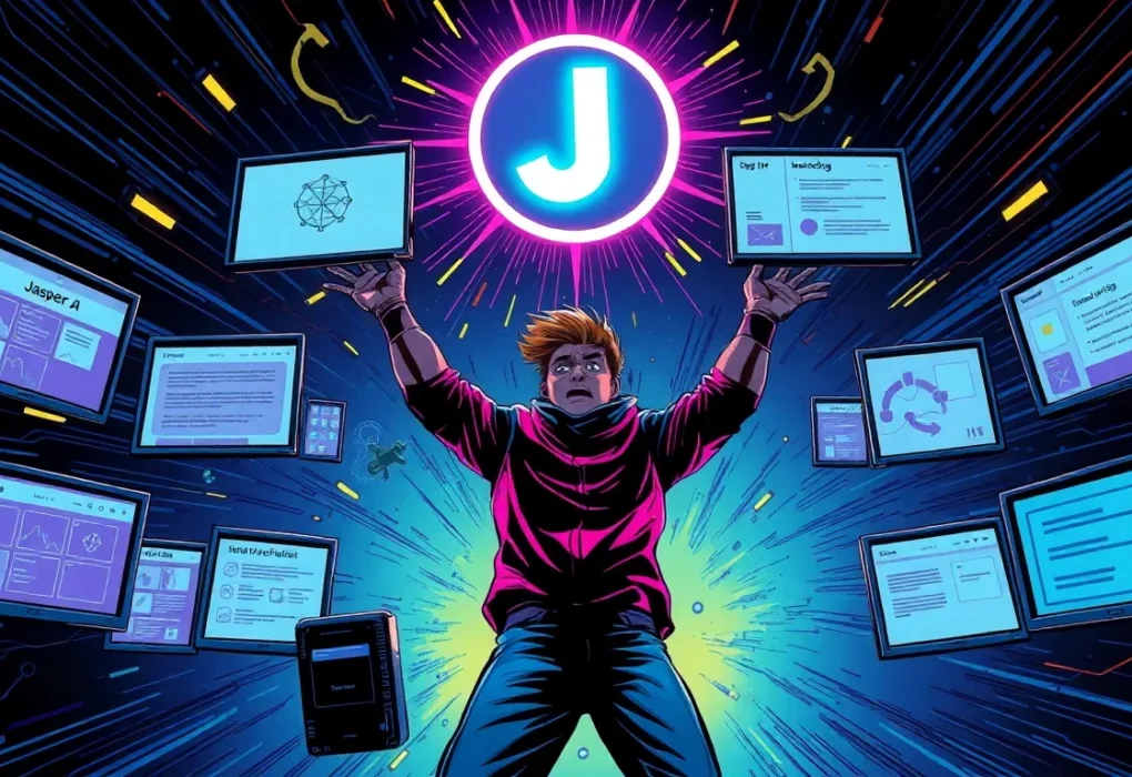 Jasper AI marketing content generator interface showing brand voice controls and content templates